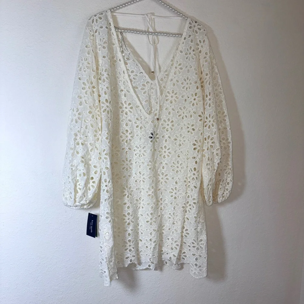 Kate Spade Eyelet Cover-Up Dress medium White NEW Balloon Sleeve Scalloped Boho